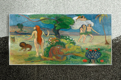 Glasbild Paradieslandschaft mit Figuren