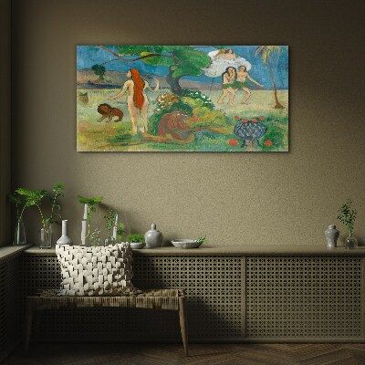 Glasbild Paradieslandschaft mit Figuren