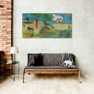 Glasbild Paradieslandschaft mit Figuren