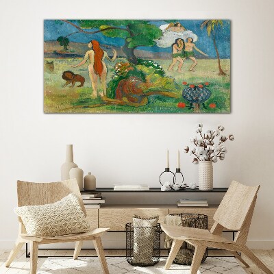 Glasbild Paradieslandschaft mit Figuren