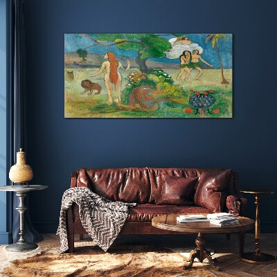 Glasbild Paradieslandschaft mit Figuren