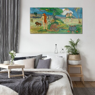 Glasbild Paradieslandschaft mit Figuren