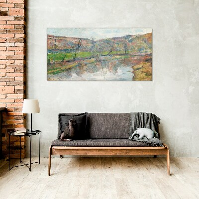 Glasbild Eine friedliche Landschaft am Fluss