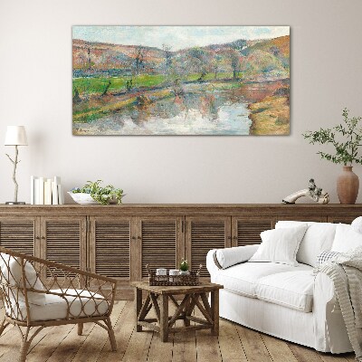 Glasbild Eine friedliche Landschaft am Fluss