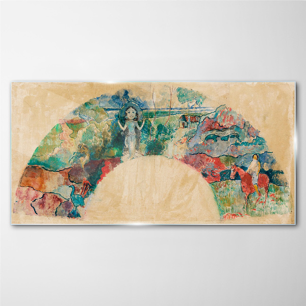 Glasbild Farbenfrohe Szene mit einer Figur in einer Landschaft