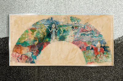 Glasbild Farbenfrohe Szene mit einer Figur in einer Landschaft