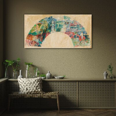 Glasbild Farbenfrohe Szene mit einer Figur in einer Landschaft