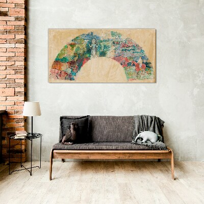 Glasbild Farbenfrohe Szene mit einer Figur in einer Landschaft