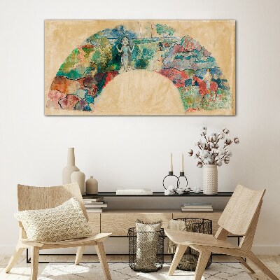 Glasbild Farbenfrohe Szene mit einer Figur in einer Landschaft