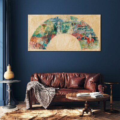 Glasbild Farbenfrohe Szene mit einer Figur in einer Landschaft