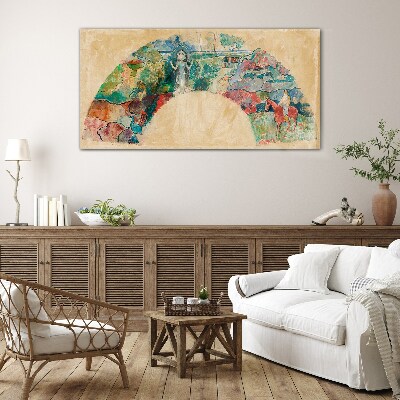 Glasbild Farbenfrohe Szene mit einer Figur in einer Landschaft