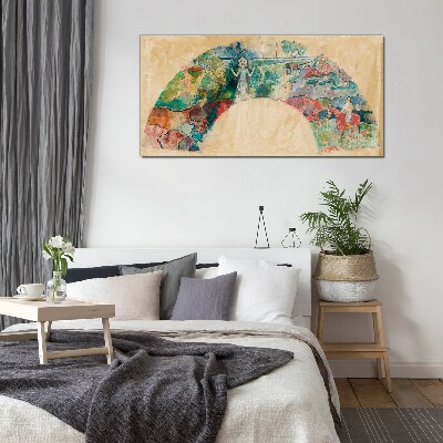 Glasbild Farbenfrohe Szene mit einer Figur in einer Landschaft