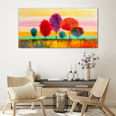 Glasbild Bunte Landschaft mit Bäumen