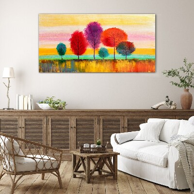 Glasbild Bunte Landschaft mit Bäumen