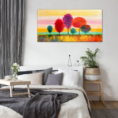 Glasbild Bunte Landschaft mit Bäumen