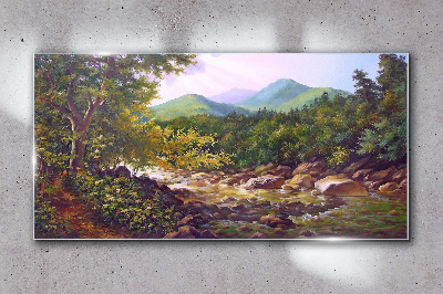 Glasbild Wald, Fluss, Steine, Berge