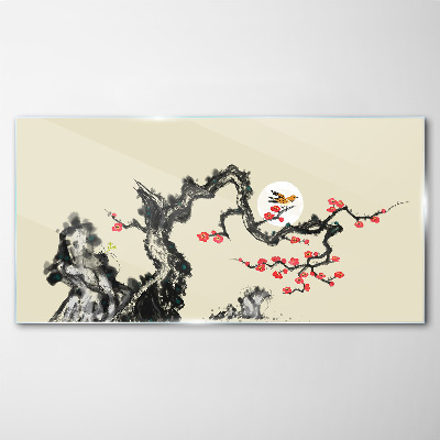 Glasbild Blumenszene mit Vogel