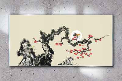 Glasbild Blumenszene mit Vogel