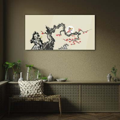 Glasbild Blumenszene mit Vogel