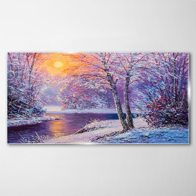 Glasbild Winterwald-Fluss-Sonnenuntergang