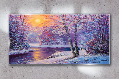 Glasbild Winterwald-Fluss-Sonnenuntergang