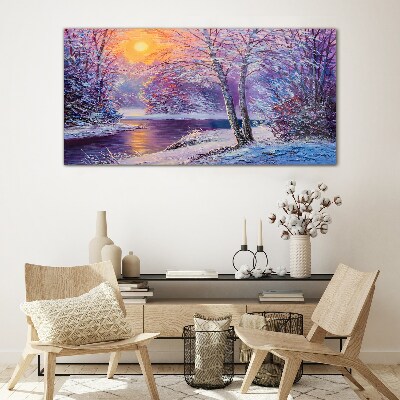 Glasbild Winterwald-Fluss-Sonnenuntergang