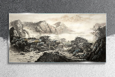 Glasbild Berge chinesische Bäume