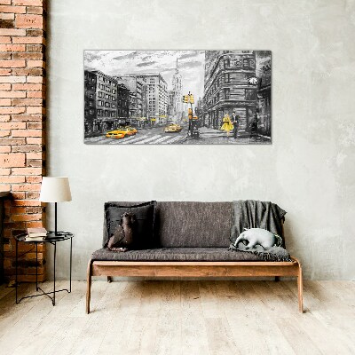 Foto auf glas New Yorker Straße in gelben Taxis