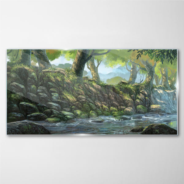 Glasbild Grüne Ecke mit Wasserfall