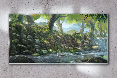 Glasbild Grüne Ecke mit Wasserfall
