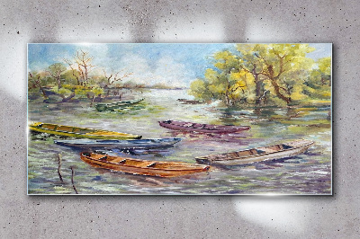 Glas bild Ein ruhiger Hafen mit bunten Booten