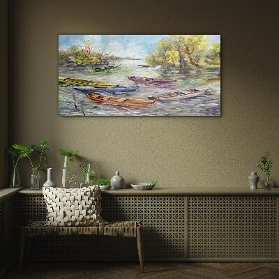 Glas bild Ein ruhiger Hafen mit bunten Booten