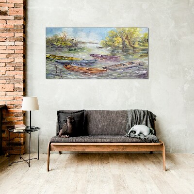 Glas bild Ein ruhiger Hafen mit bunten Booten