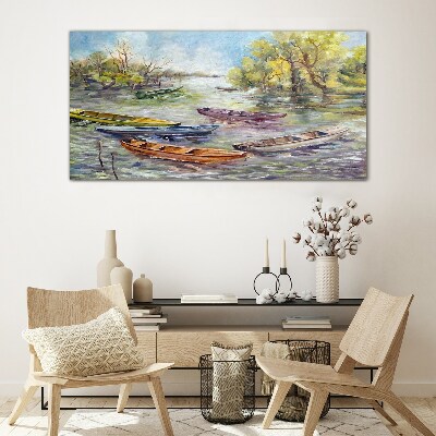 Glas bild Ein ruhiger Hafen mit bunten Booten