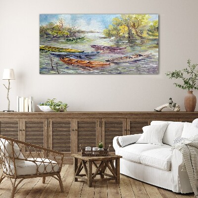 Glas bild Ein ruhiger Hafen mit bunten Booten