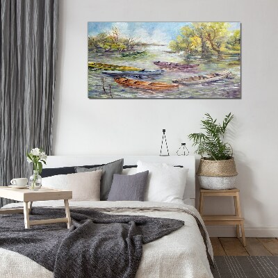Glas bild Ein ruhiger Hafen mit bunten Booten