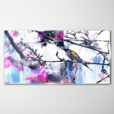 Bild auf glas Bunter Vogel auf einem Hintergrund aus Blumen