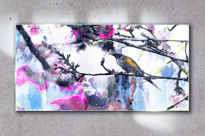 Bild auf glas Bunter Vogel auf einem Hintergrund aus Blumen
