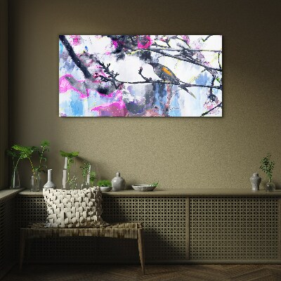 Bild auf glas Bunter Vogel auf einem Hintergrund aus Blumen