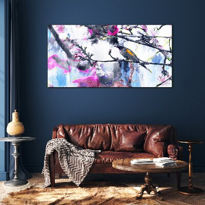 Bild auf glas Bunter Vogel auf einem Hintergrund aus Blumen