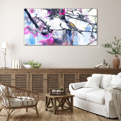 Bild auf glas Bunter Vogel auf einem Hintergrund aus Blumen