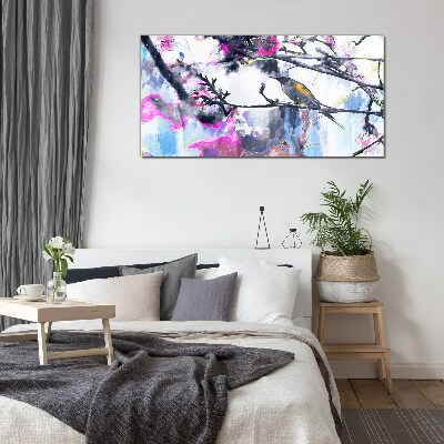 Bild auf glas Bunter Vogel auf einem Hintergrund aus Blumen