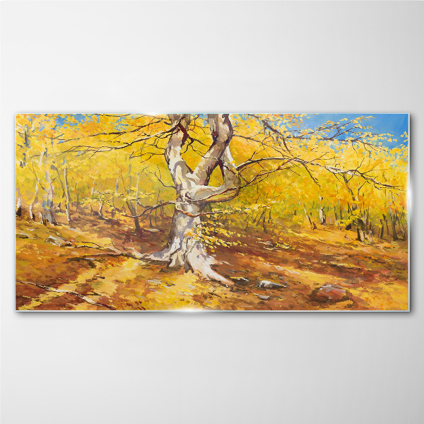Glasbild Goldener Wald in herbstlicher Aura