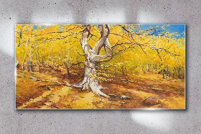 Glasbild Goldener Wald in herbstlicher Aura