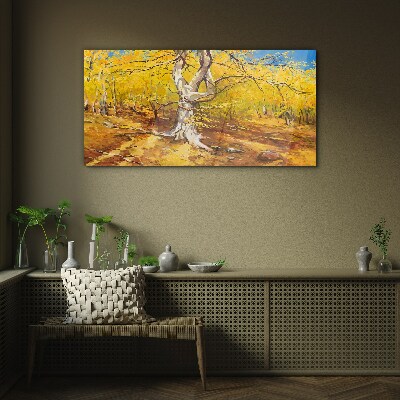 Glasbild Goldener Wald in herbstlicher Aura