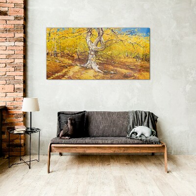 Glasbild Goldener Wald in herbstlicher Aura