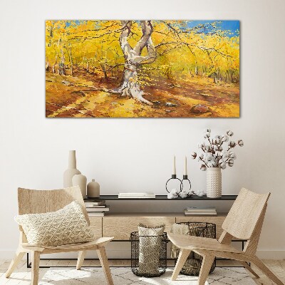 Glasbild Goldener Wald in herbstlicher Aura