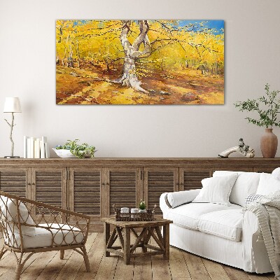 Glasbild Goldener Wald in herbstlicher Aura