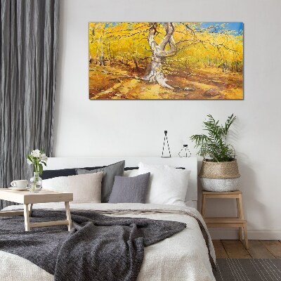 Glasbild Goldener Wald in herbstlicher Aura