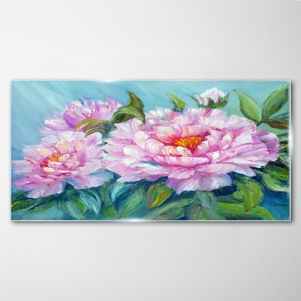 Glasbild Rosa Pfingstrosen auf blauem Hintergrund